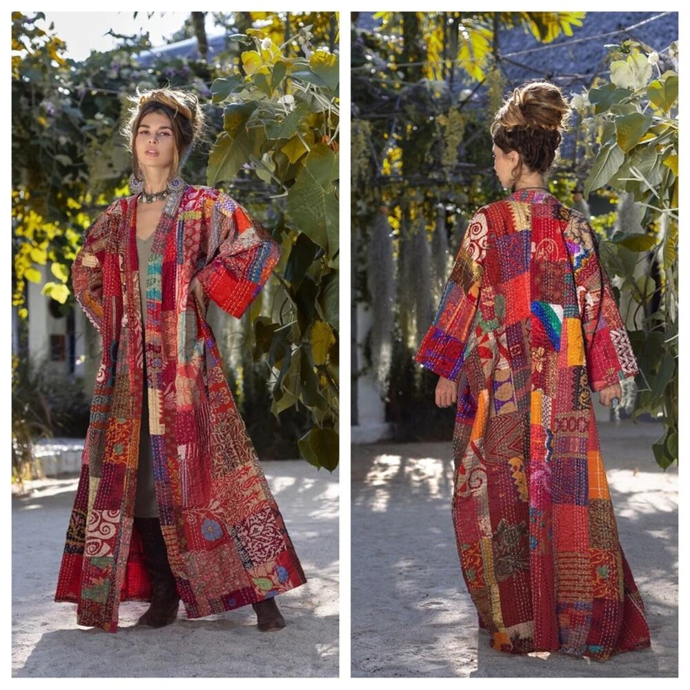 Unbranded | Red Boho Patchwork Embroidered Long Open Front Cardigan Robe Kimono